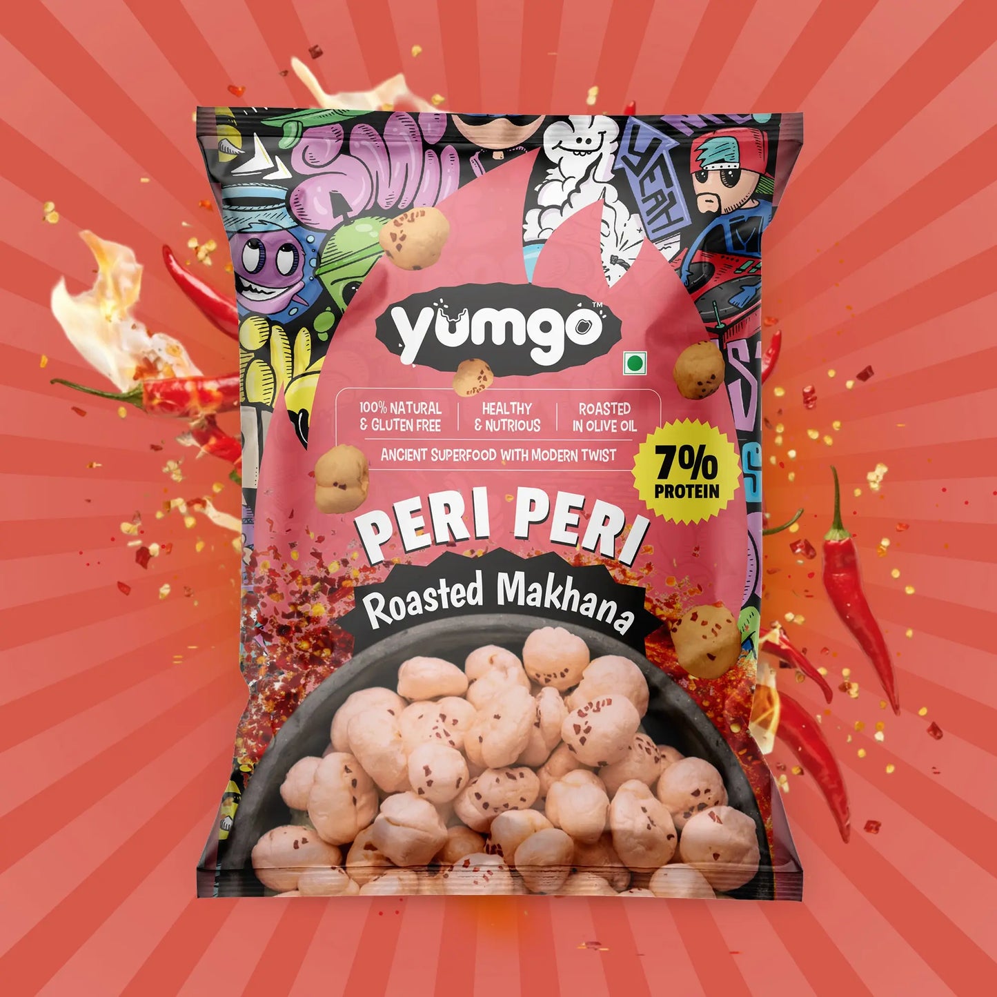 Yumgo Peri Peri Roasted Makhana | Spicy Roasted Fox Nuts | Gluten-Free Healthy Snack | 12g Mini Pack Yumgo