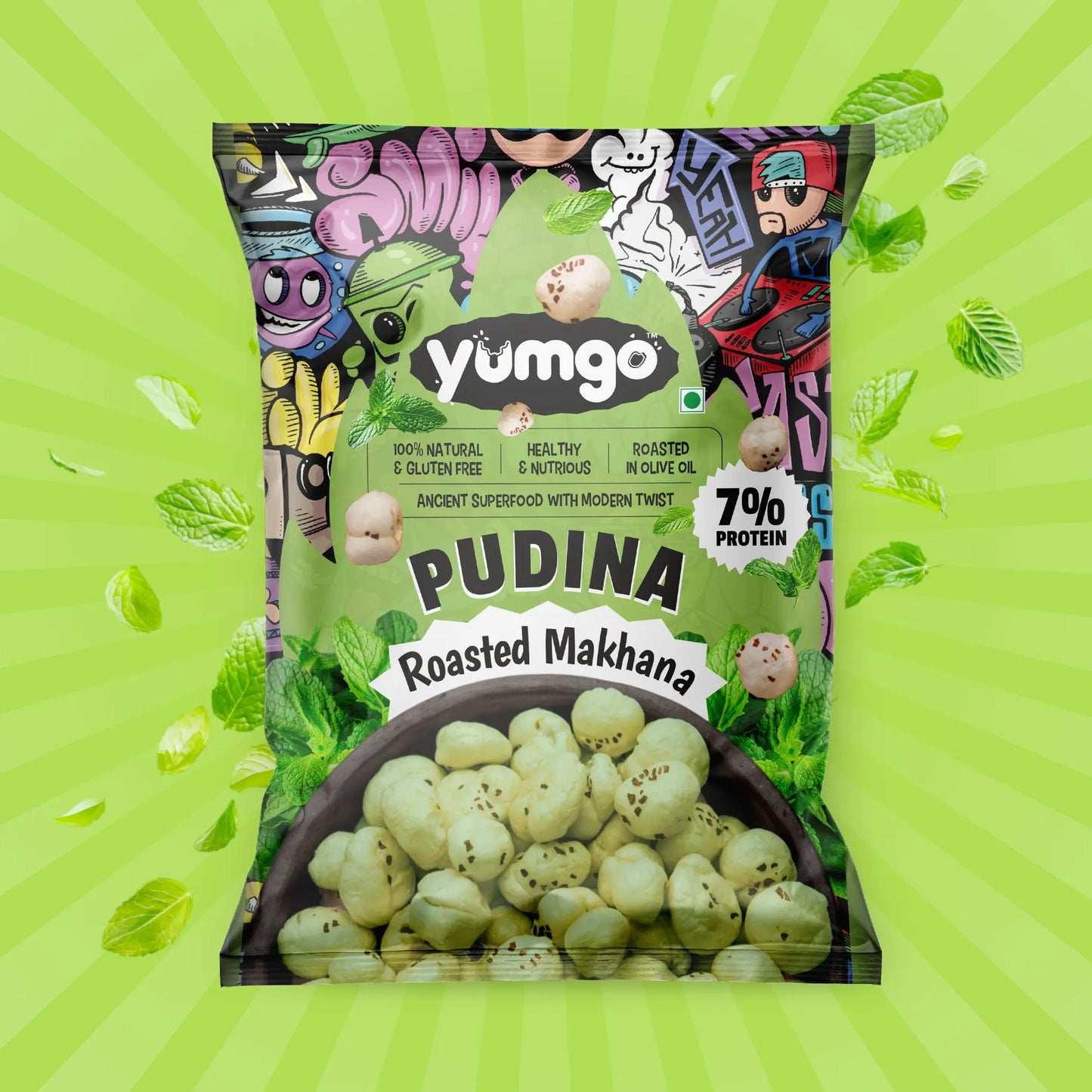 Yumgo Pudina Roasted Makhana | Mint-Flavored Fox Nuts | Gluten-Free Healthy Snack | 12g Mini Pack Yumgo