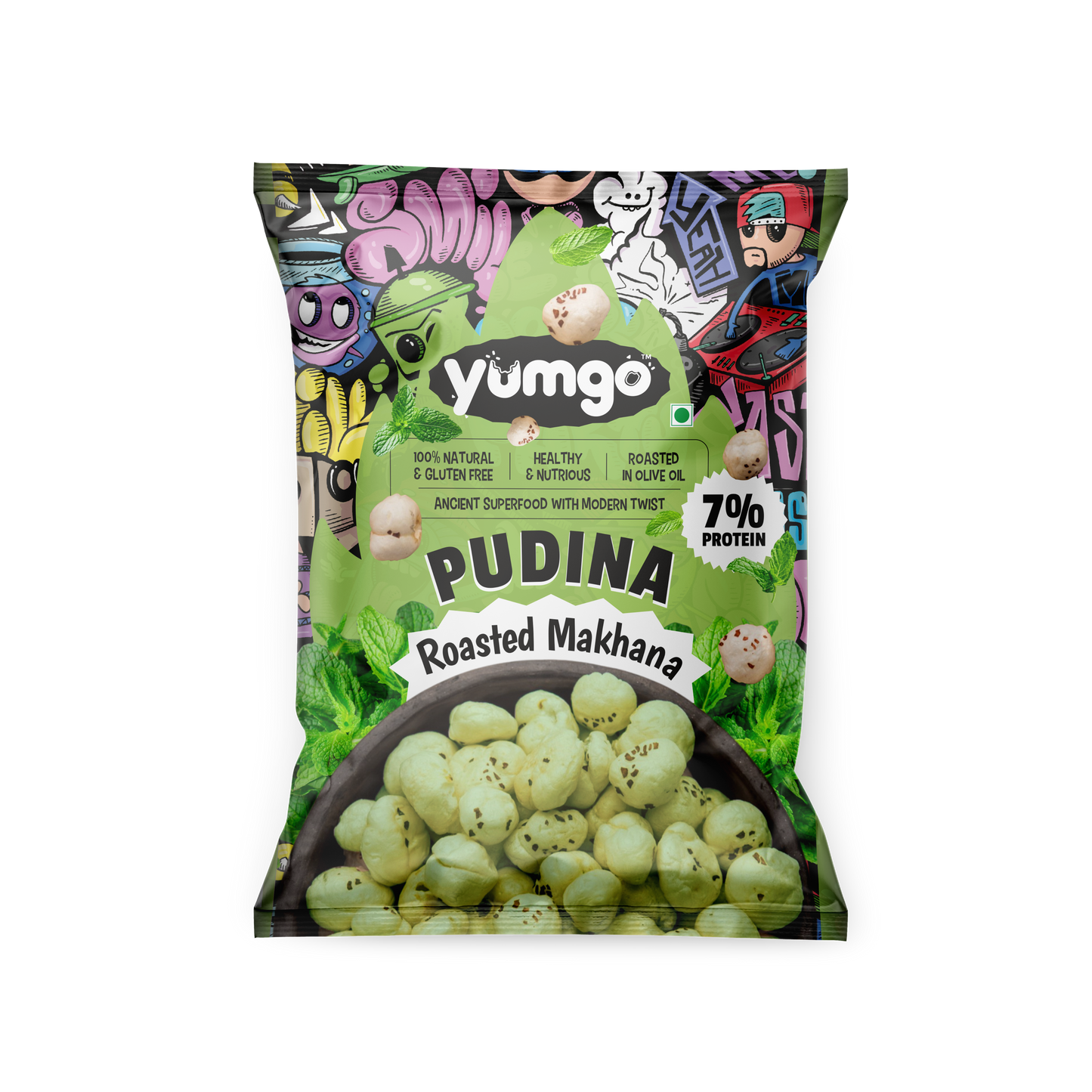 Yumgo Pudina Roasted Makhana | Mint-Flavored Fox Nuts | Gluten-Free Healthy Snack | 12g Mini Pack